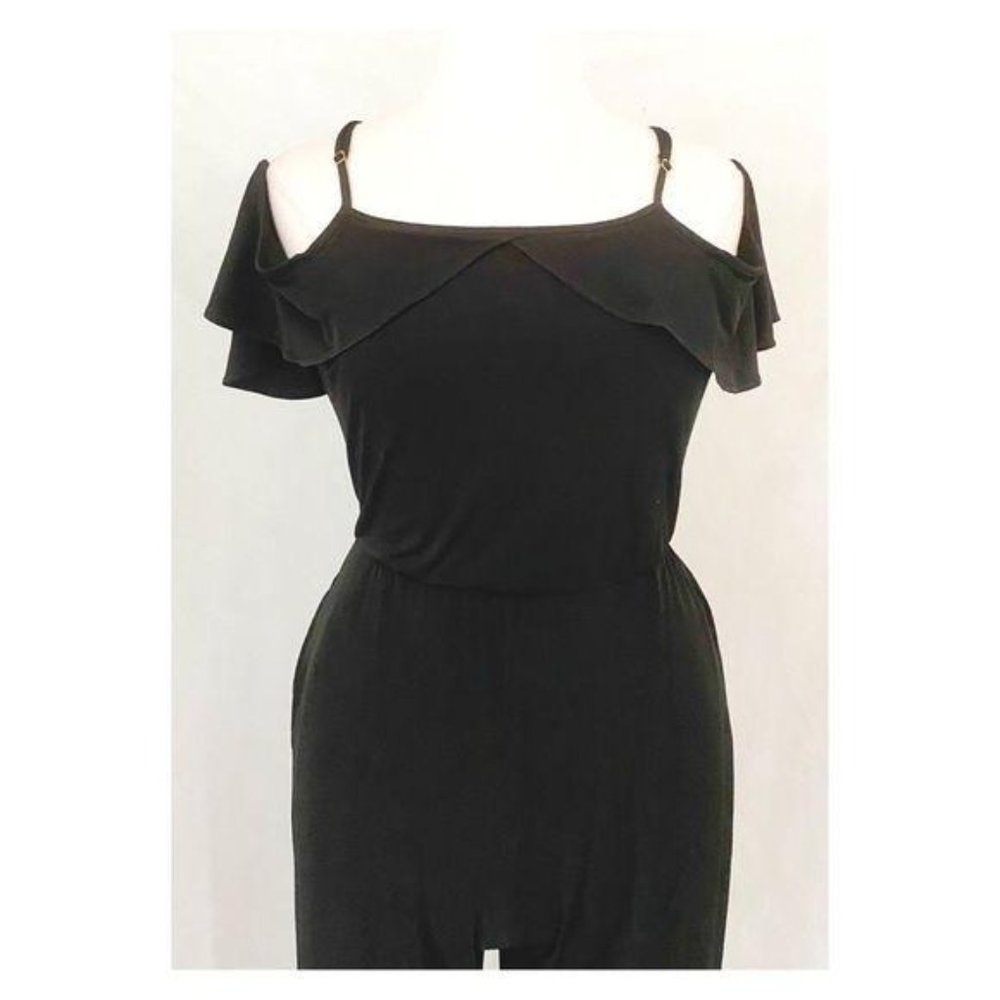 Beige by ECI Ruffle Cold Shoulder Black Jersey Knit Jumpsuit - Picture 4 of 12